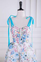 Tie Shoulder Blue Floral Embroidery Tea Length Prom Dress