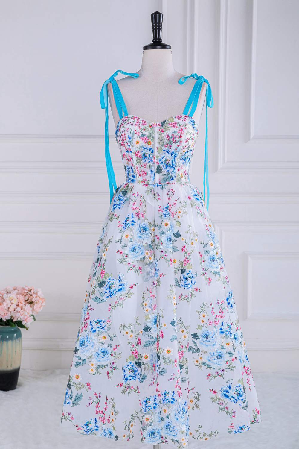 Tie Shoulder Blue Floral Embroidery Tea Length Prom Dress