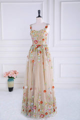 Nude Sequin Floral Appliques A-line Long Formal Gown
