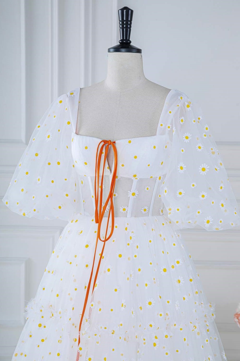 Square Neck White Daisy Print Tulle Long Formal Dress