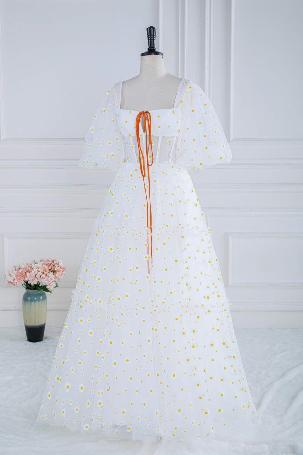 Square Neck White Daisy Print Tulle Long Formal Dress