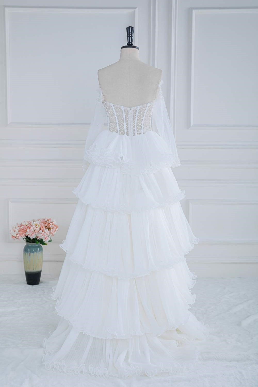 Off the Shoulder White Beaded Top Ruffle Tiered Prom Dress