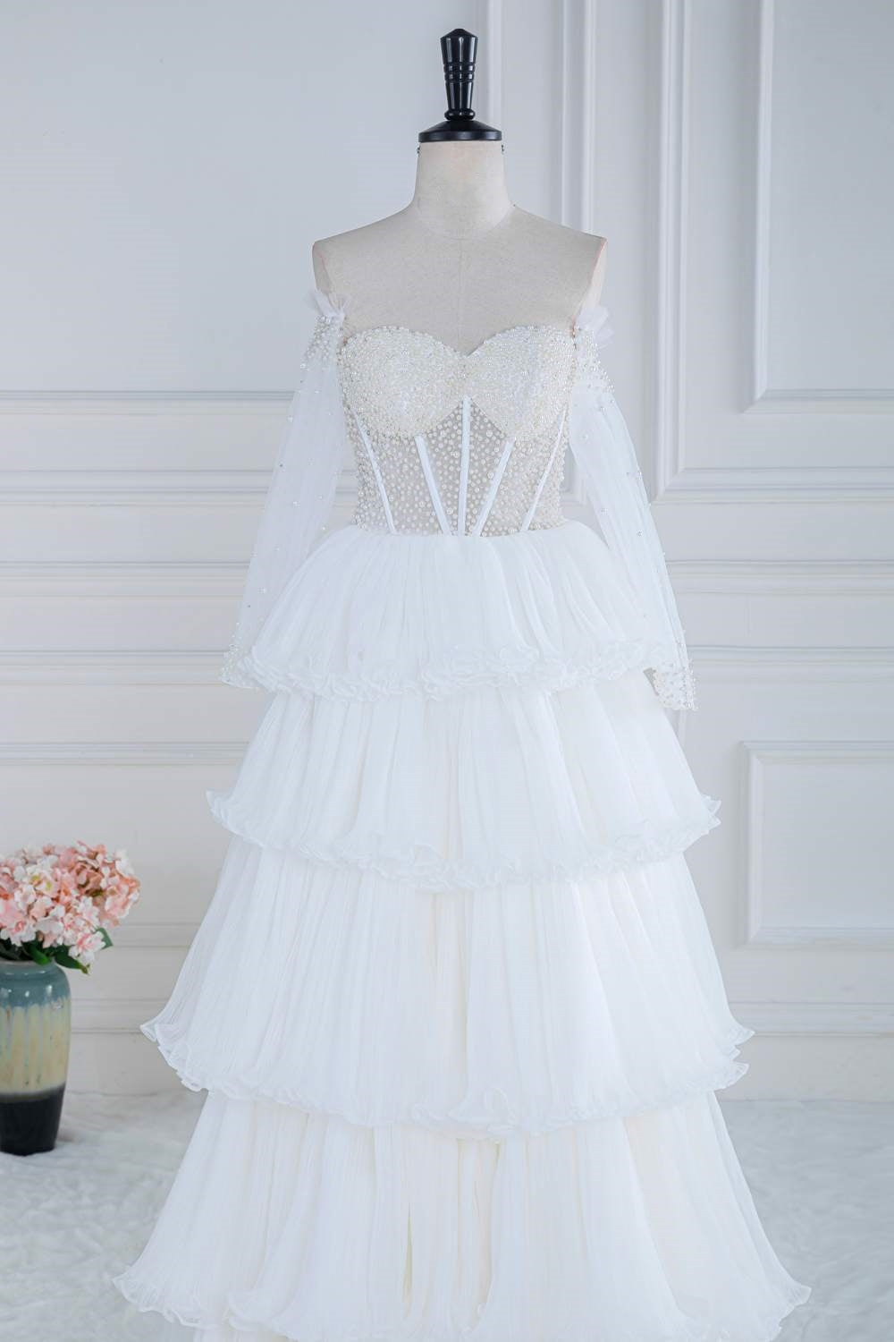 Off the Shoulder White Beaded Top Ruffle Tiered Prom Dress