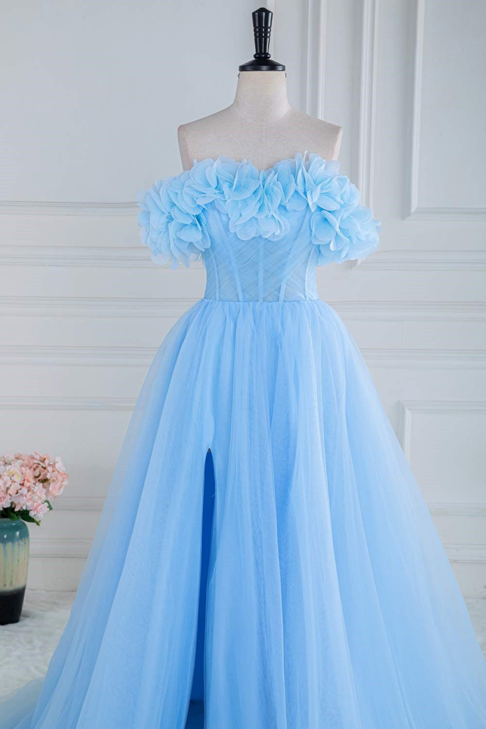 Blue Off the Shoulder Flower A-Line Tulle Prom Dress