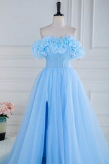 Blue Off the Shoulder Flower A-Line Tulle Prom Dress