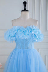Blue Off the Shoulder Flower A-Line Tulle Prom Dress