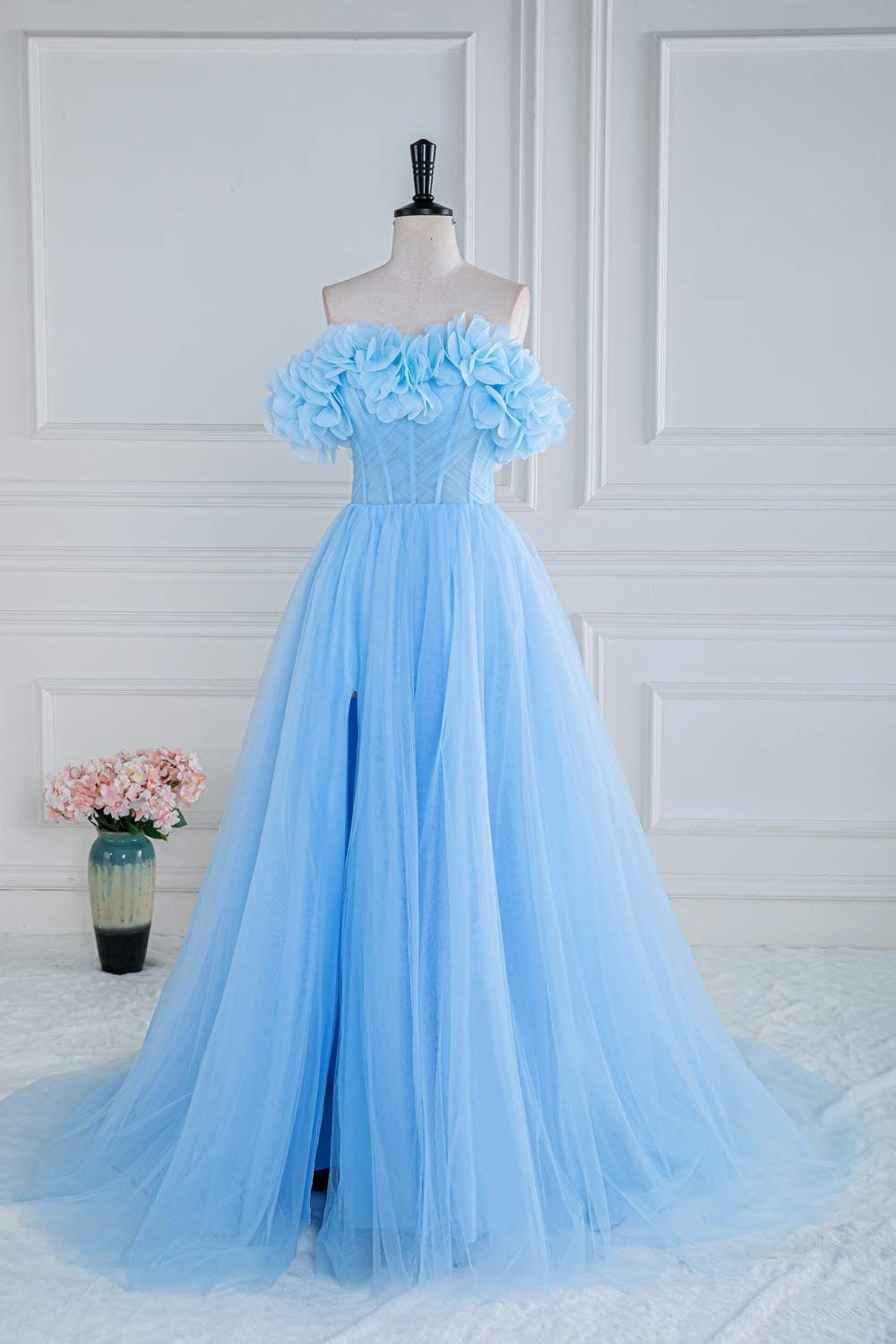 Blue Off the Shoulder Flower A-Line Tulle Prom Dress