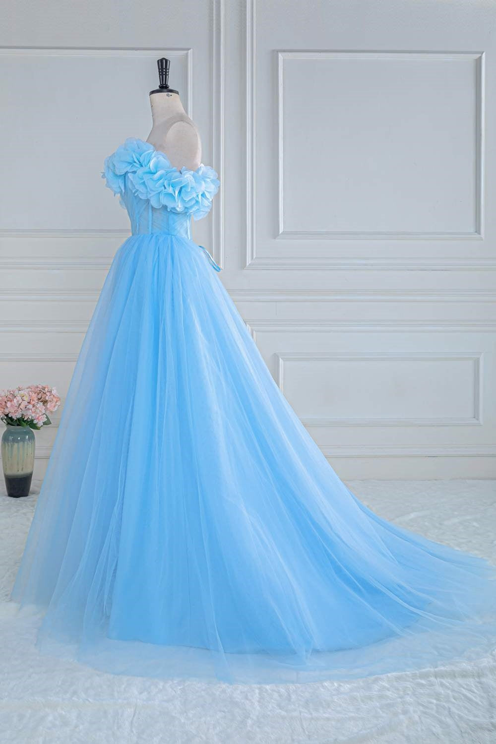 Blue Off the Shoulder Flower A-Line Tulle Prom Dress