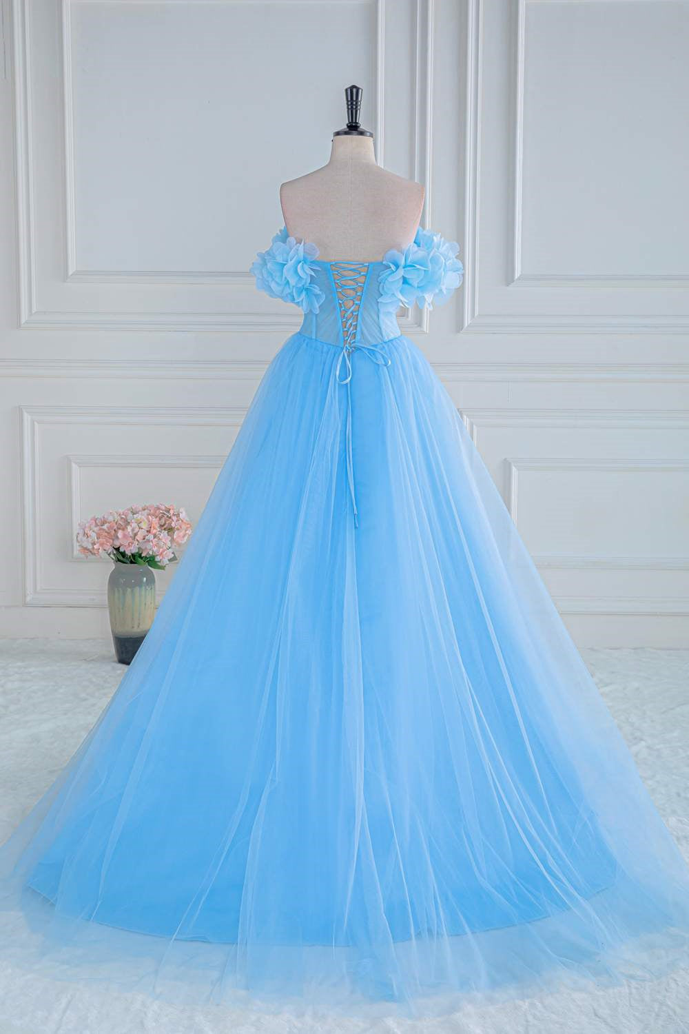 Blue Off the Shoulder Flower A-Line Tulle Prom Dress
