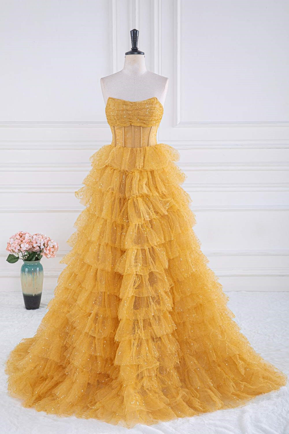 Gold Strapless Sequin Ruffle Layered Long Prom Dress