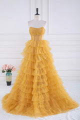 Gold Strapless Sequin Ruffle Layered Long Prom Dress