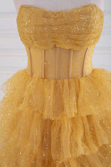 Gold Strapless Sequin Ruffle Layered Long Prom Dress