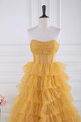 Gold Strapless Sequin Ruffle Layered Long Prom Dress