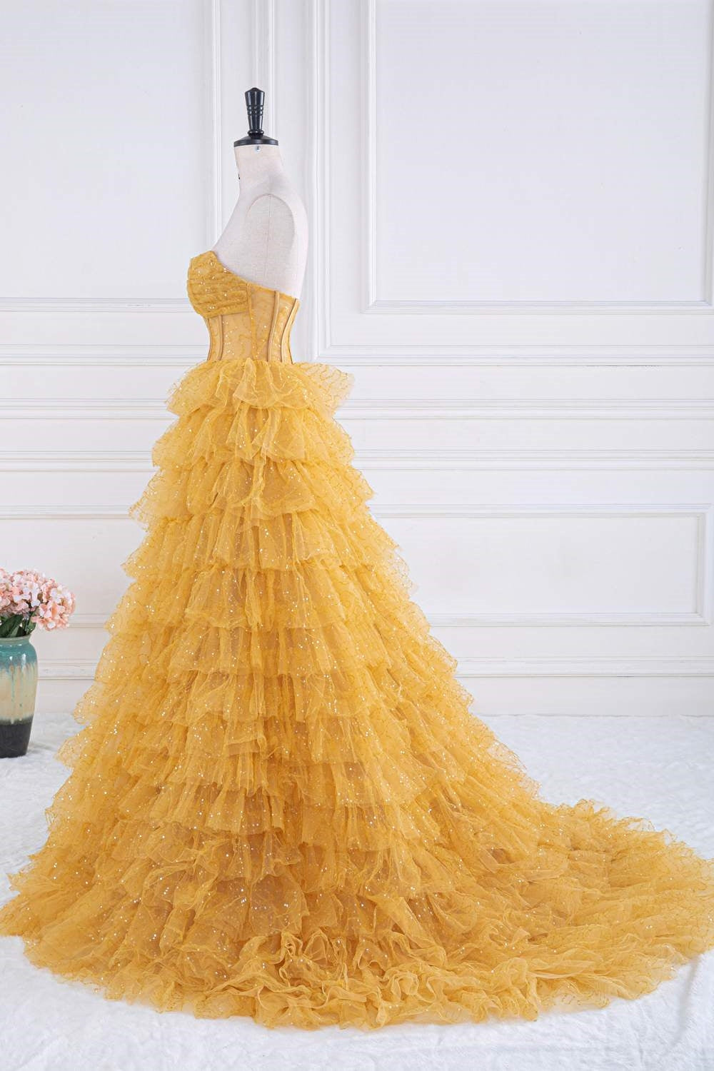Gold Strapless Sequin Ruffle Layered Long Prom Dress