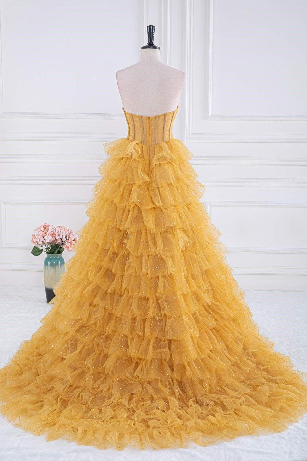 Gold Strapless Sequin Ruffle Layered Long Prom Dress
