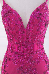 Magenta Straps V-Neck Sequin Appliques Mermaid Prom Dress