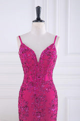 Magenta Straps V-Neck Sequin Appliques Mermaid Prom Dress