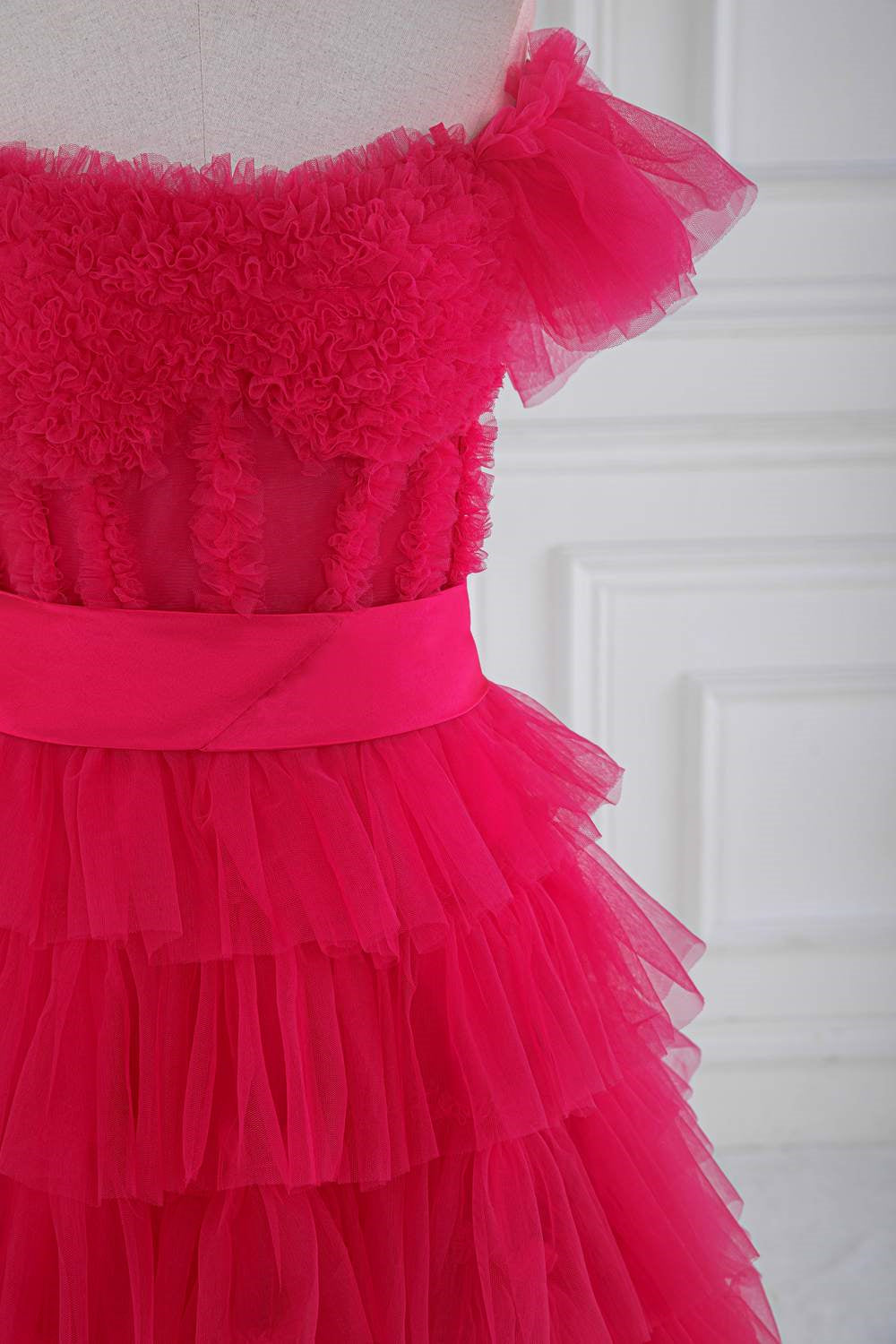 Off the Shoulder Fuchsia Ruffle Tiered Prom Dress with Sash