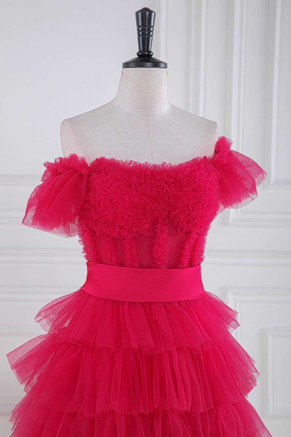 Off the Shoulder Fuchsia Ruffle Tiered Prom Dress with Sash