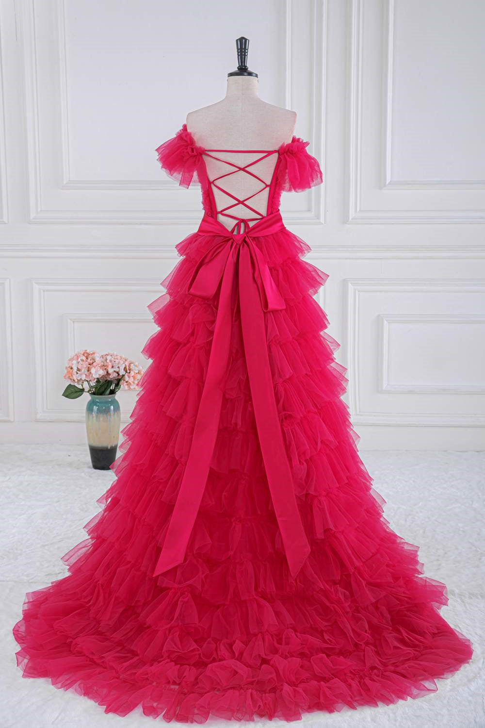 Off the Shoulder Fuchsia Ruffle Tiered Prom Dress with Sash