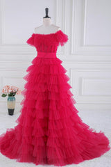 Off the Shoulder Fuchsia Ruffle Tiered Prom Dress with Sash