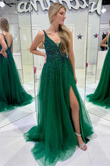 V-Neck Hunter Green Beaded Tulle Prom Dress with Slit