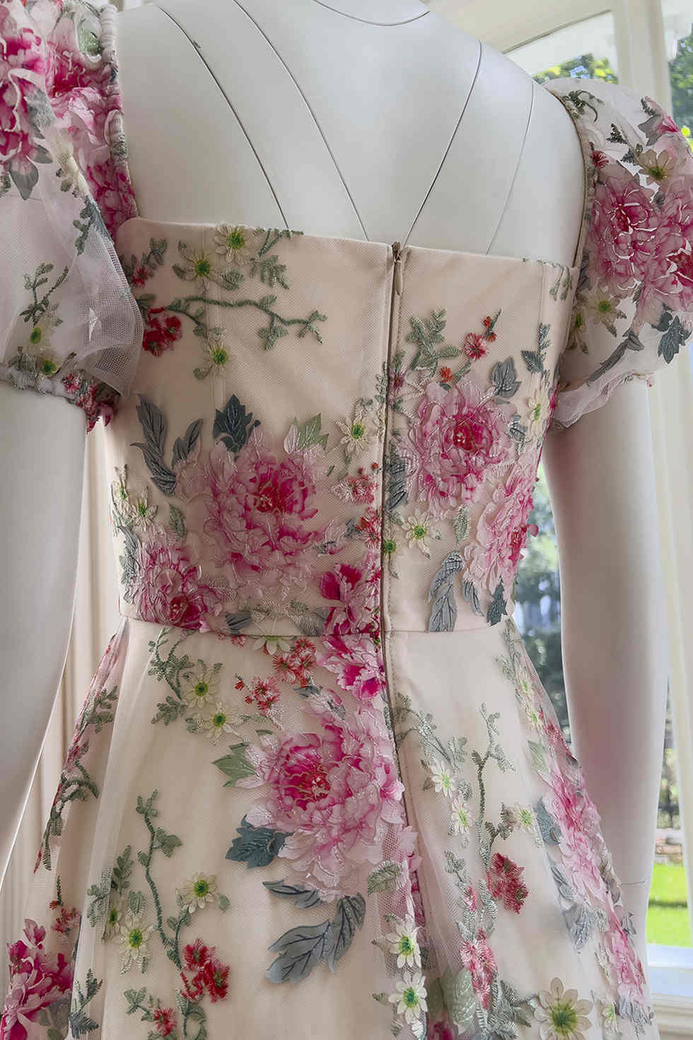 Square Neck Hot Pink Floral Embroidery Tulle Prom Dress