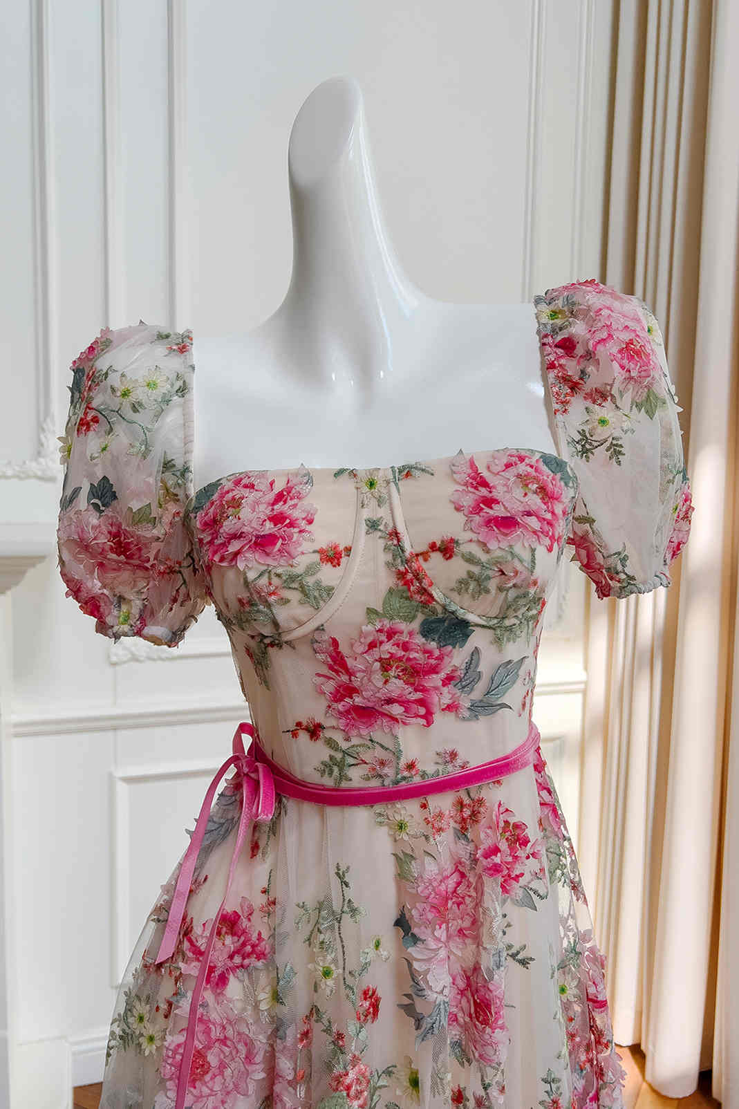 Square Neck Hot Pink Floral Embroidery Tulle Prom Dress