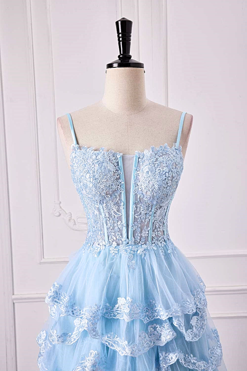 Straps Plunging Neck Light Blue Ruffle Prom Dress with Appliques