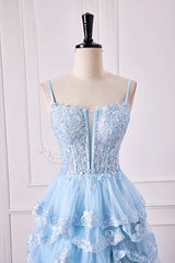 Straps Plunging Neck Light Blue Ruffle Prom Dress with Appliques
