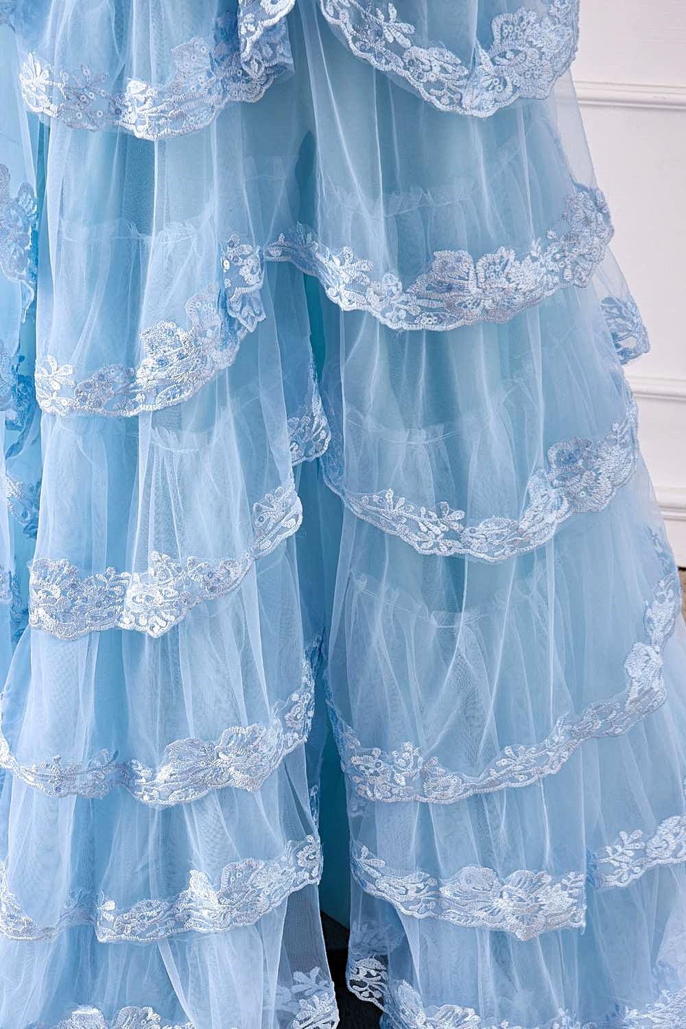 Straps Plunging Neck Light Blue Ruffle Prom Dress with Appliques