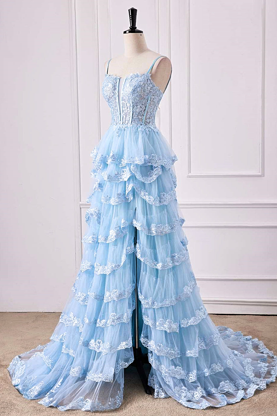 Straps Plunging Neck Light Blue Ruffle Prom Dress with Appliques