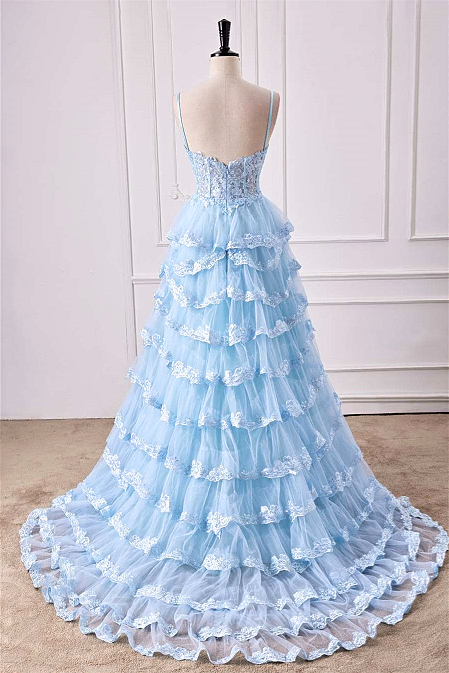 Straps Plunging Neck Light Blue Ruffle Prom Dress with Appliques