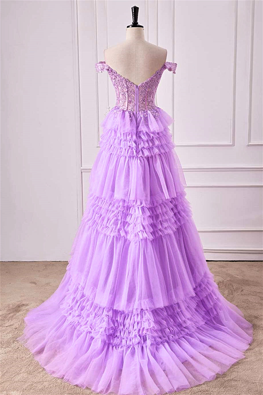 A-Line Off the Shoulder Lavender Corset Ruffle Tulle Prom Dress