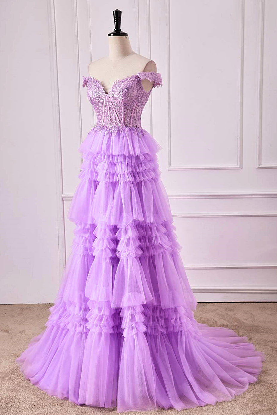 A-Line Off the Shoulder Lavender Corset Ruffle Tulle Prom Dress