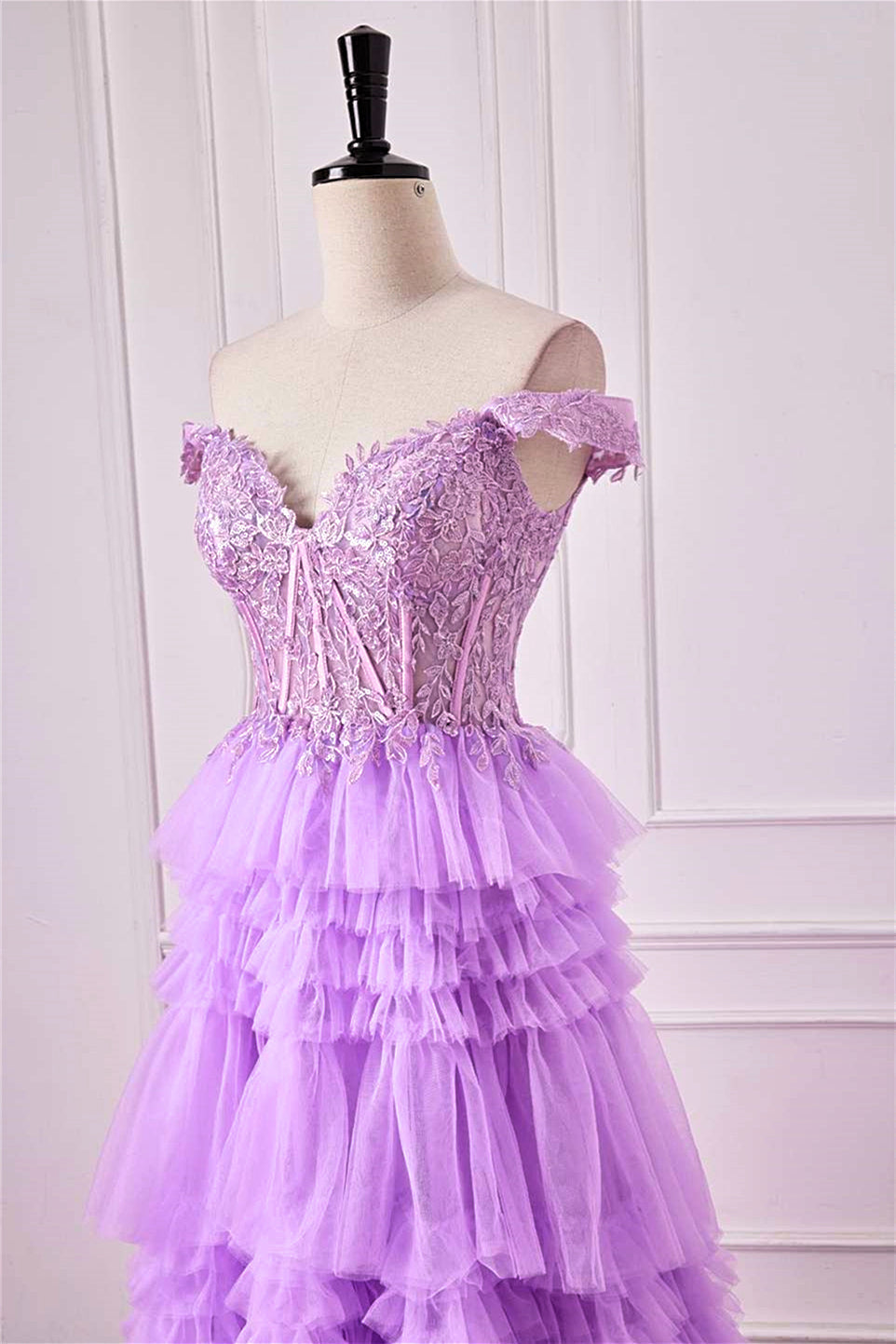 A-Line Off the Shoulder Lavender Corset Ruffle Tulle Prom Dress