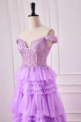 A-Line Off the Shoulder Lavender Corset Ruffle Tulle Prom Dress