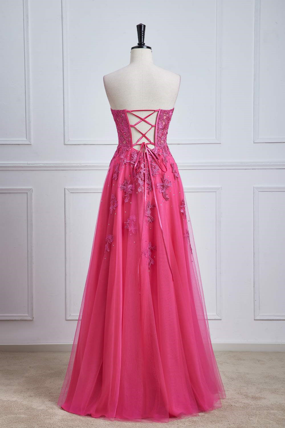 Sweetheart Hot Pink Lace Corset Prom Dress with Slit