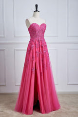 Sweetheart Hot Pink Lace Corset Prom Dress with Slit