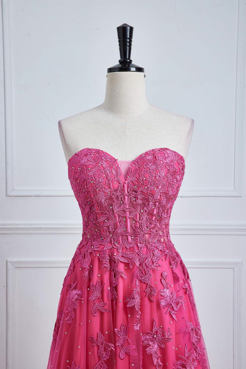 Sweetheart Hot Pink Lace Corset Prom Dress with Slit