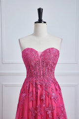 Sweetheart Hot Pink Lace Corset Prom Dress with Slit