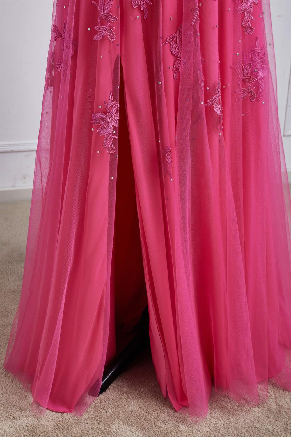 Sweetheart Hot Pink Lace Corset Prom Dress with Slit