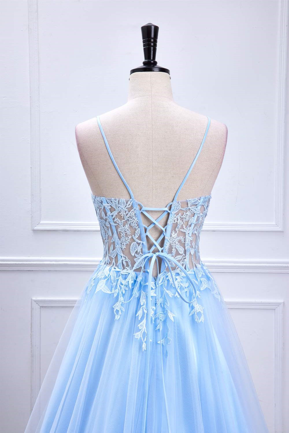Lace-Up Light Blue Sheer Corset A-Line Formal Dress