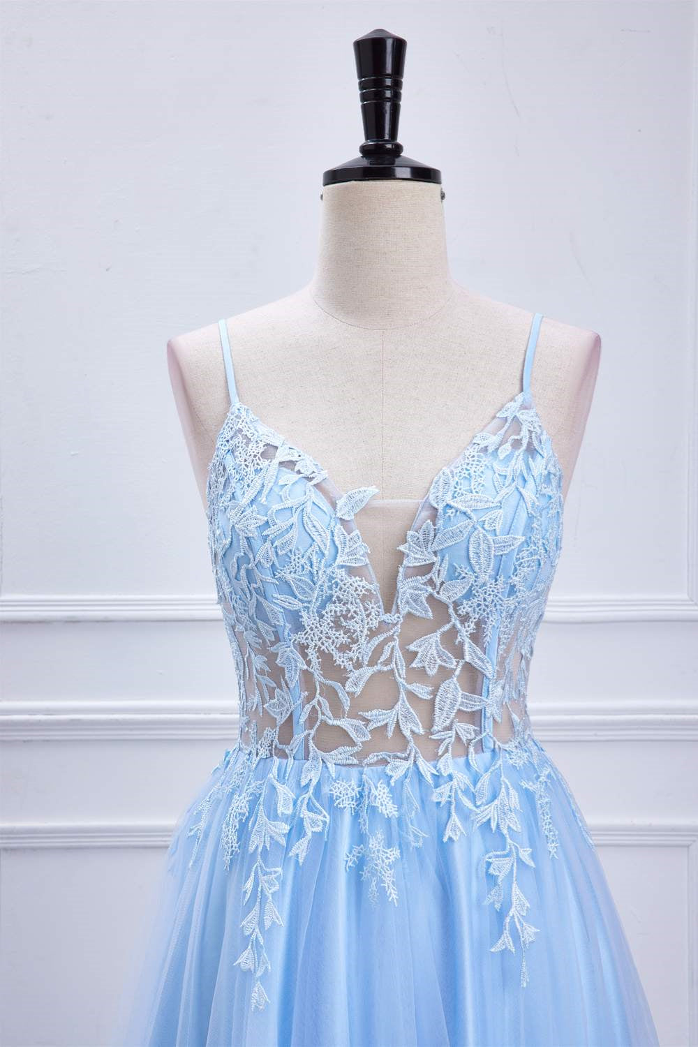 Lace-Up Light Blue Sheer Corset A-Line Formal Dress