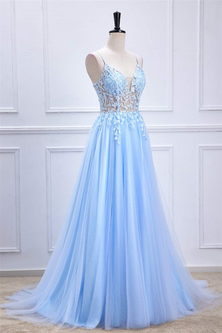 Lace-Up Light Blue Sheer Corset A-Line Formal Dress