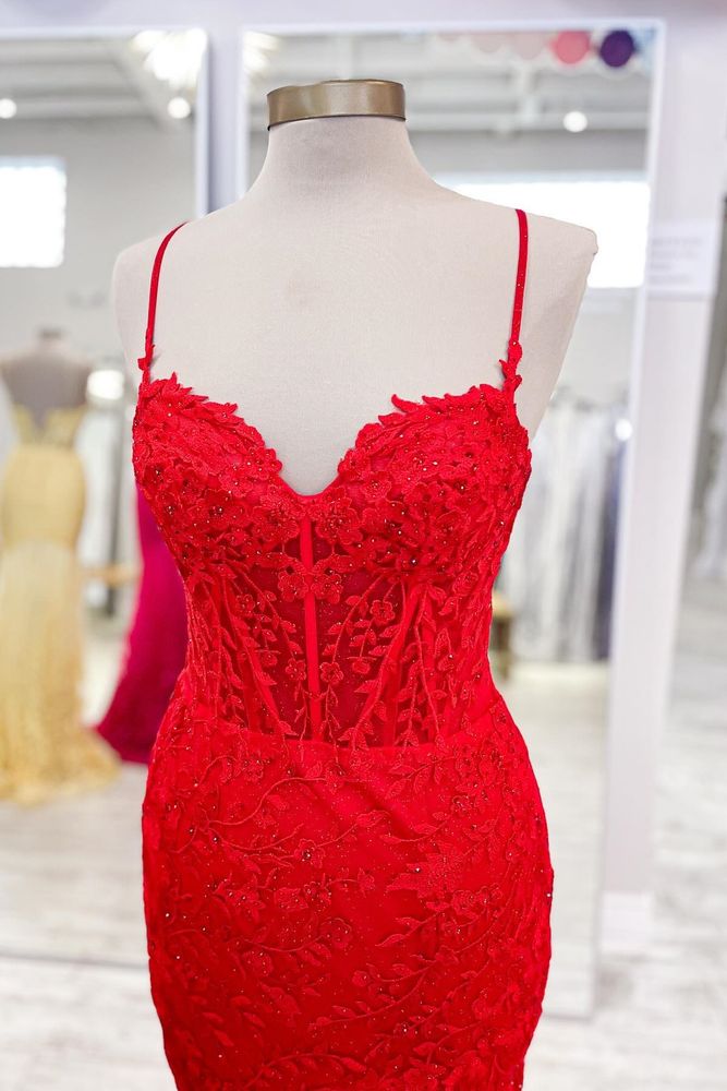 Double Straps Hot Pink Lace Applique Long Mermaid Dress