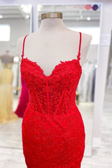 Double Straps Hot Pink Lace Applique Long Mermaid Dress