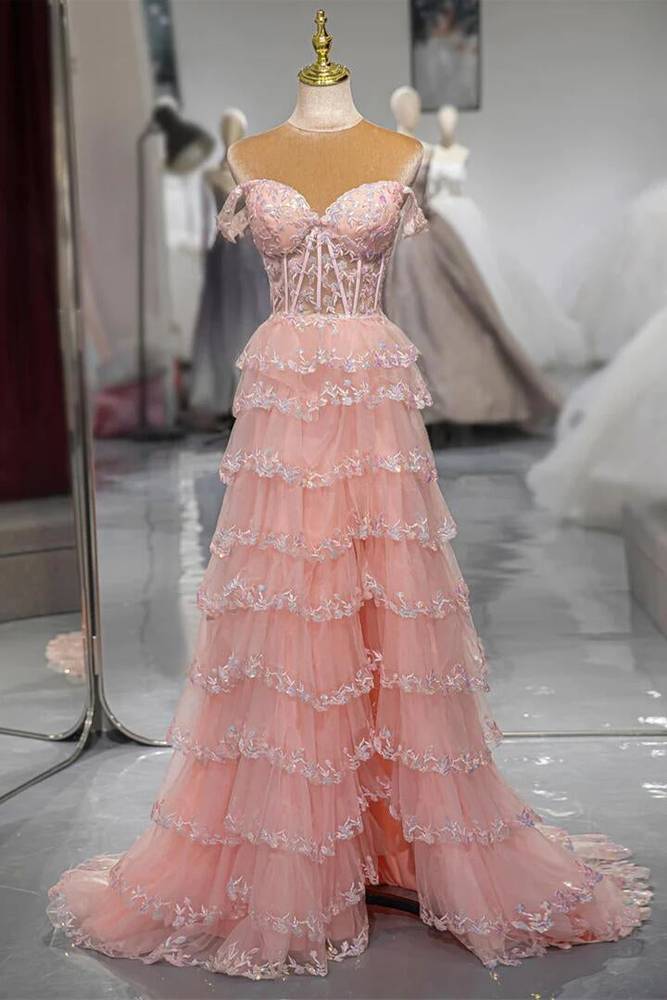 Pink Sweetheart A-Line Layered Lace Long Dress with Appliques