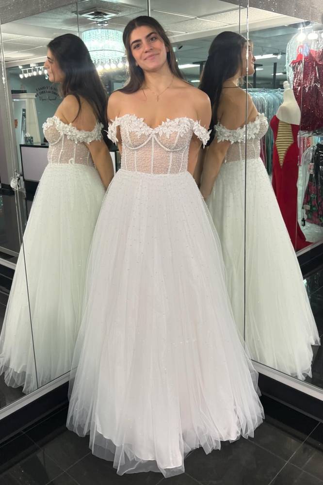 White Off-the-Shoulder Lace Dress with Spaghetti strap