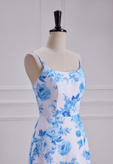 Blue Floral Print A Line Spaghetti Strap Dress Chiffon Prom Dress